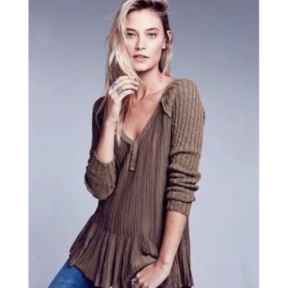Free People M Olive Green Ribbed Ribs & Ruffles Knit Sweater Tunic - Picture 5 of 14
